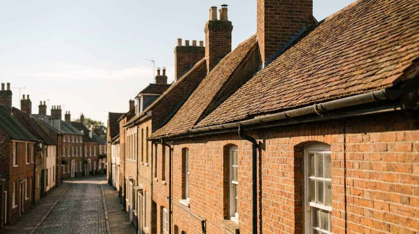 A brick terraced street in a Bedfordshire market town