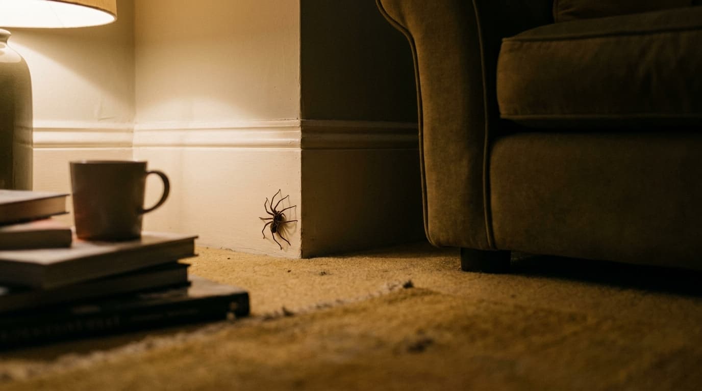 A house spider on the skirting board of an English living room at dusk